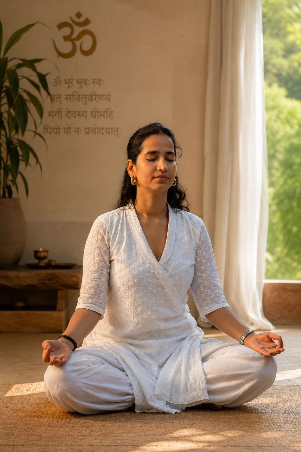 Yoga practitioner in quiet reflection, representing the integration of the four paths of yoga